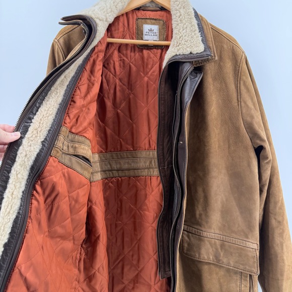 Peter Millar Mens Lamb Leather Sherpa Lined Bomber Jacket Brown Size M Like NEW - Picture 9 of 13